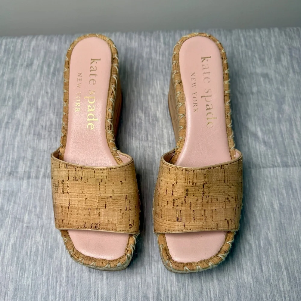 Kate Spade New York Cork Platform Wedge Slide Sandals Size 8B Espadrille Trim - Picture 4 of 7